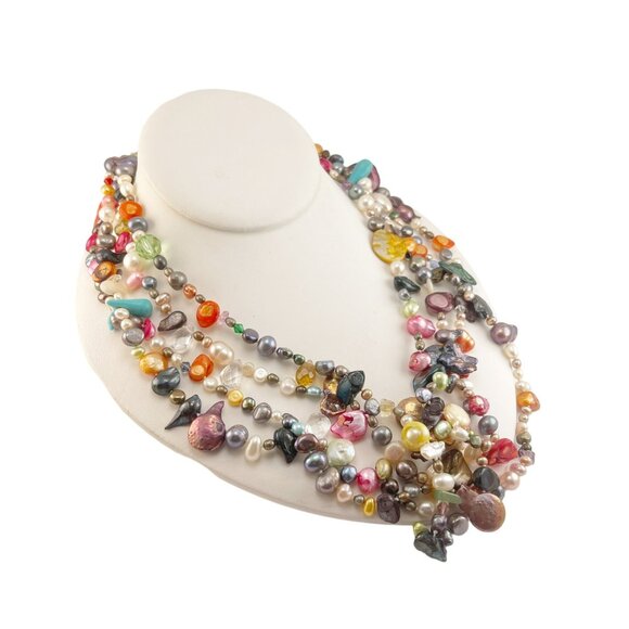 Multicolor Gemstone & Pearl Beaded Necklace Handmade Unique Statement Piece Mult - Picture 4 of 6